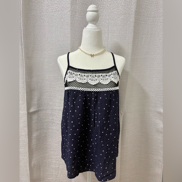 E & M Tops - E & M Navy Blue Polka Dot Lace Trim Top Size Small Boho Embroidered Festival